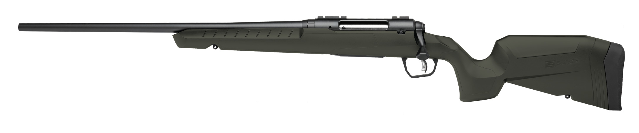Savage Axis 2 bolt-action rifle with green synthetic stock and matte black barrel, left side view