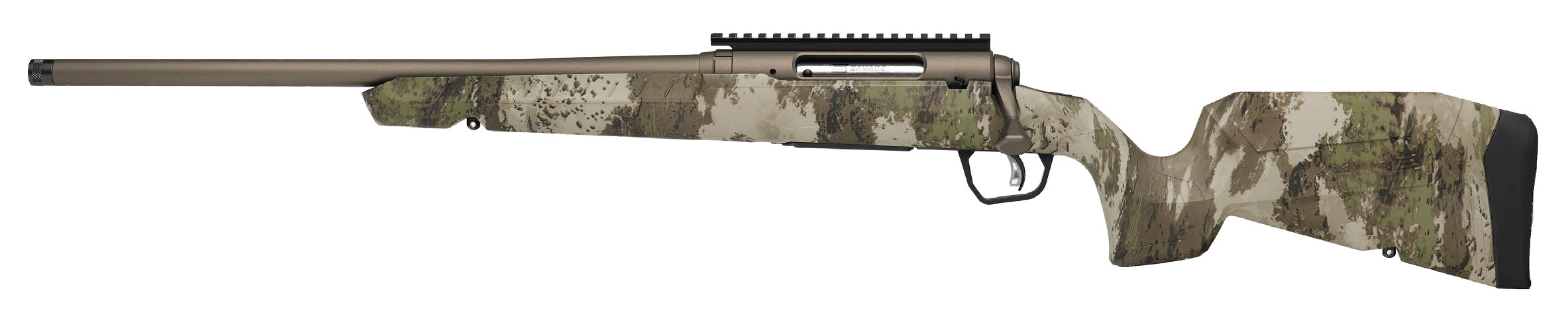 Savage Axis 2 Pro Woodland bolt-action rifle with bronze barrel and woodland camo stock, side view