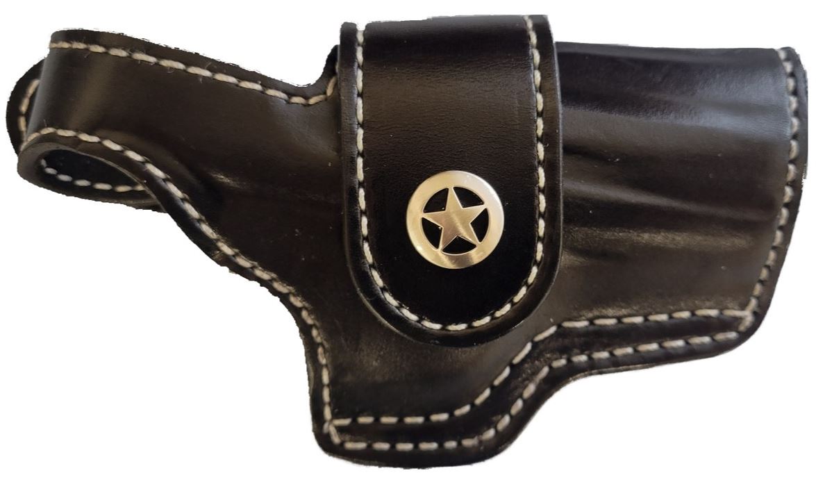 Black leather right-hand clip-on holster with star concho on belt clip