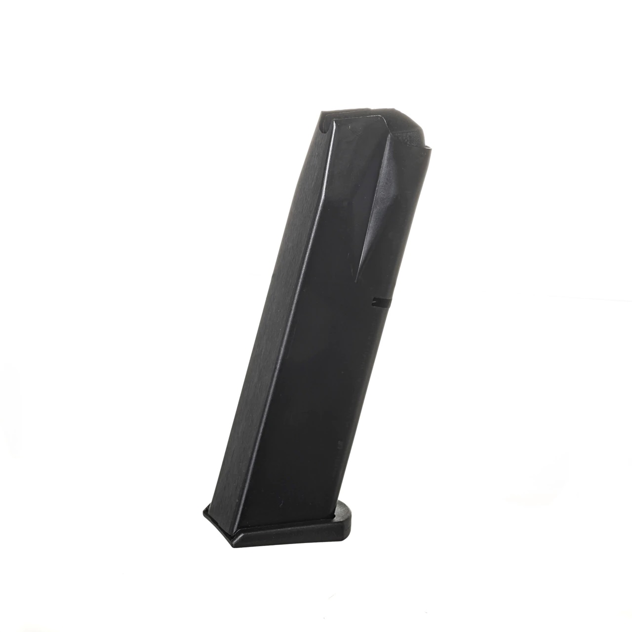 ProMag black blued steel 9mm pistol magazine standing upright on white background