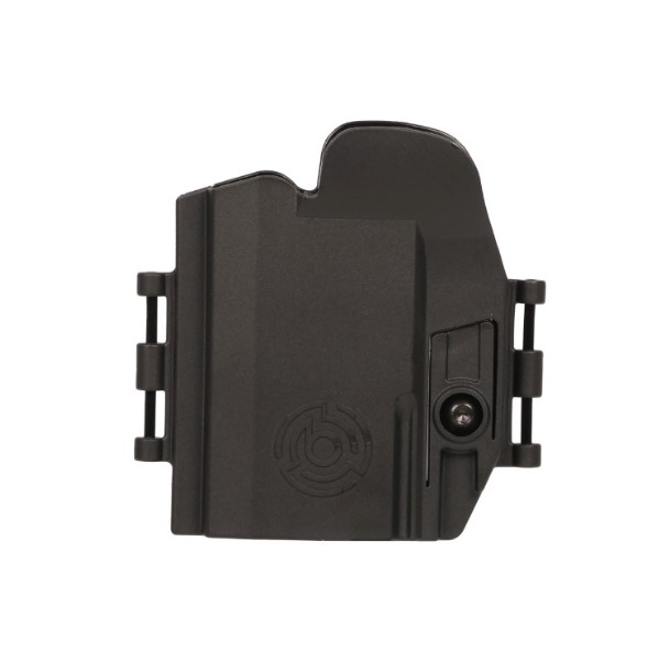 Black molded Byrna holster with level 1 retention release and belt clips