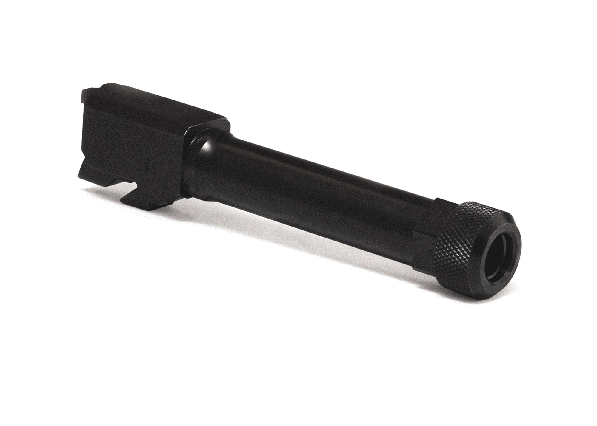 Canik TP9 SF 9mm threaded pistol barrel in black with knurled thread protector installed