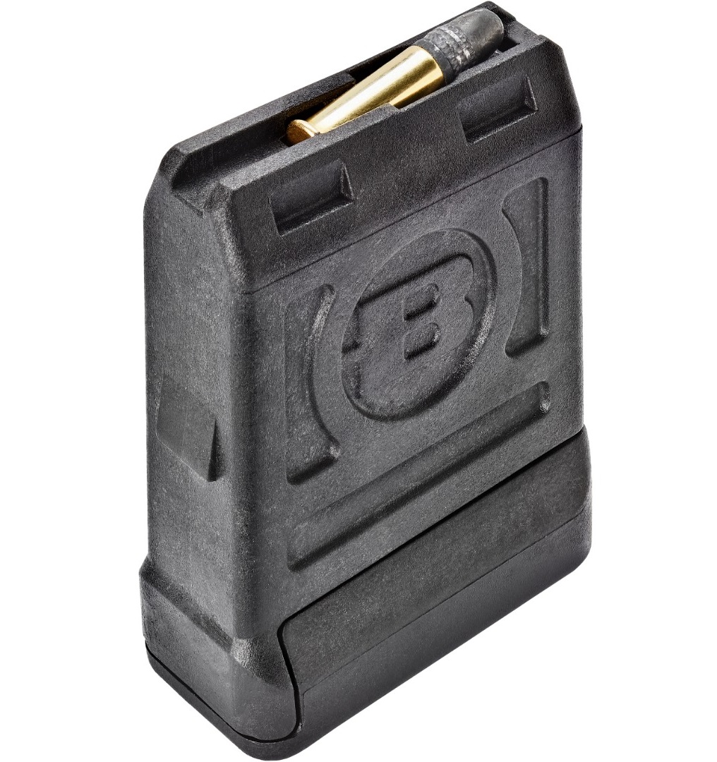 Black Bergara BMR 5-round .22 LR magazine with a cartridge loaded in the top