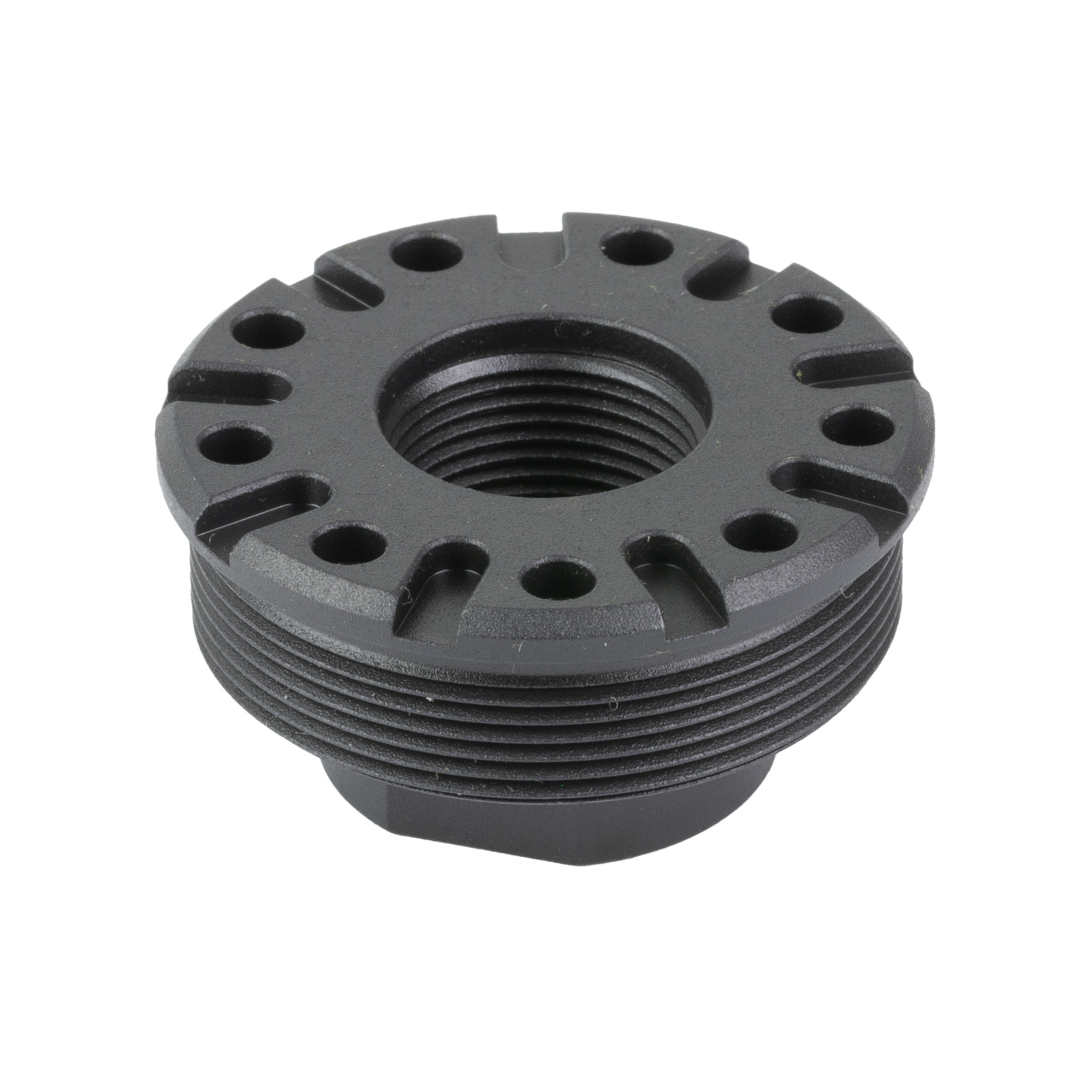 SilencerCo Bravo direct thread mount, black, showing the 3/4x20 threaded bore