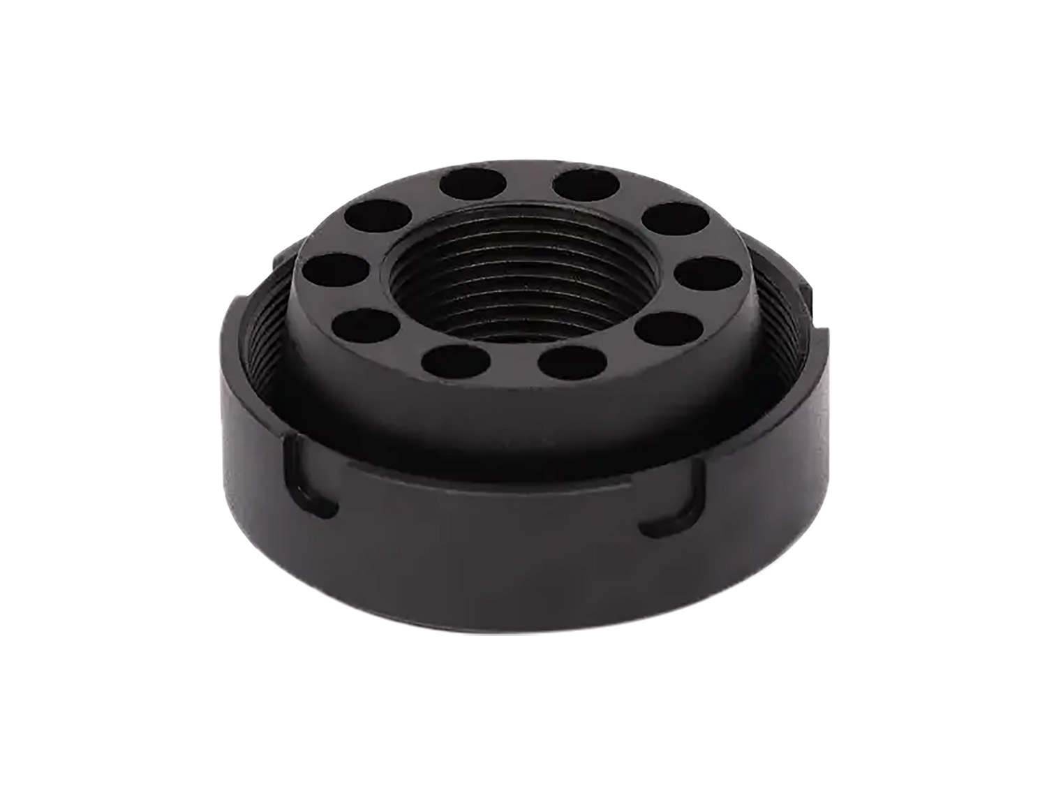 Black SilencerCo Charlie direct thread mount with a ported top and threaded bore