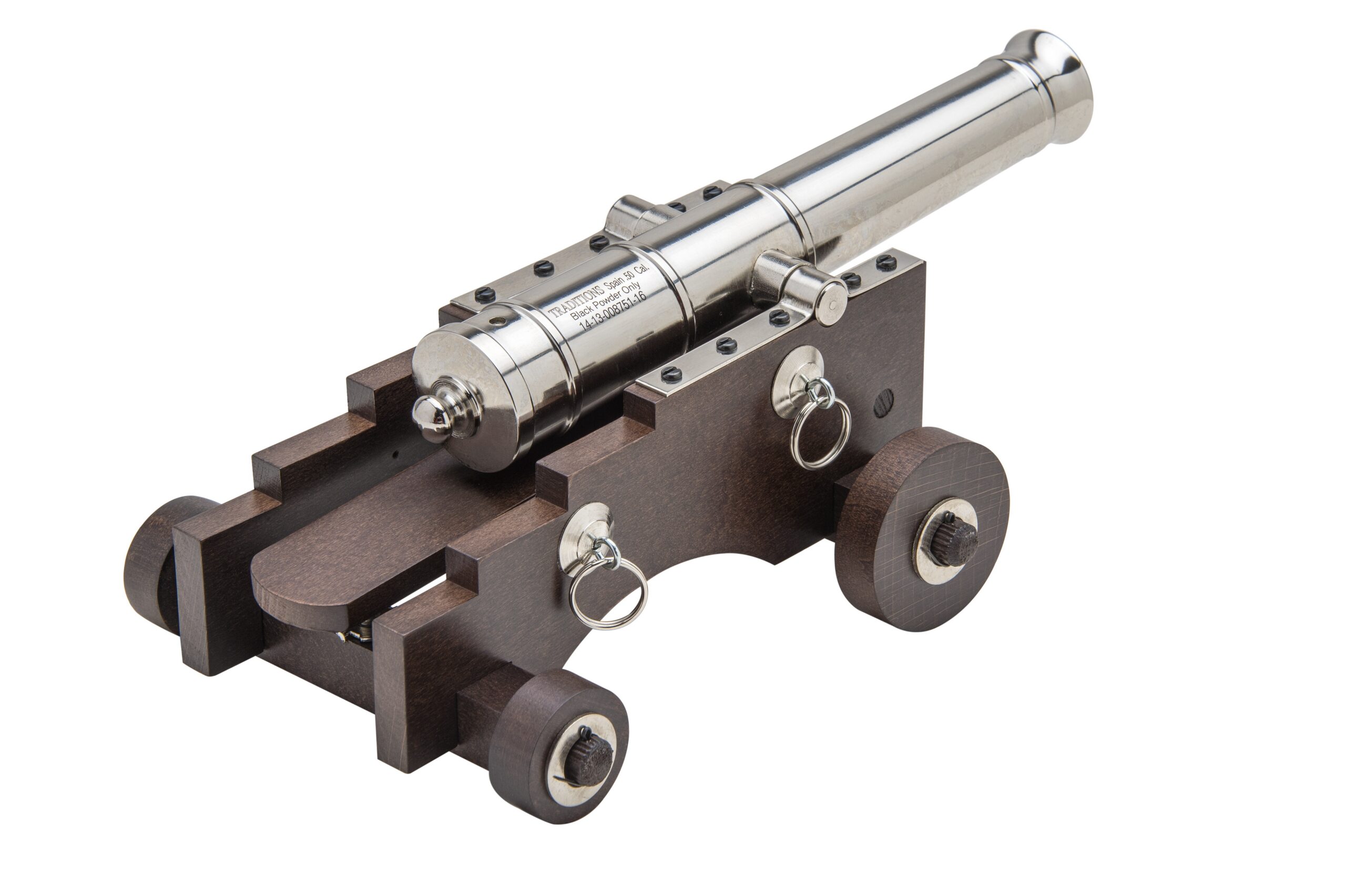 Traditions Mini Old Ironsides desktop cannon with nickel barrel on a wooden carriage with wheels