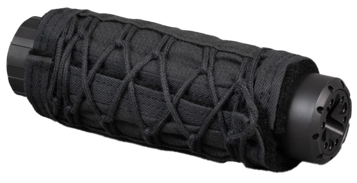 Black cord-laced suppressor cover fitted on a suppressor, side view