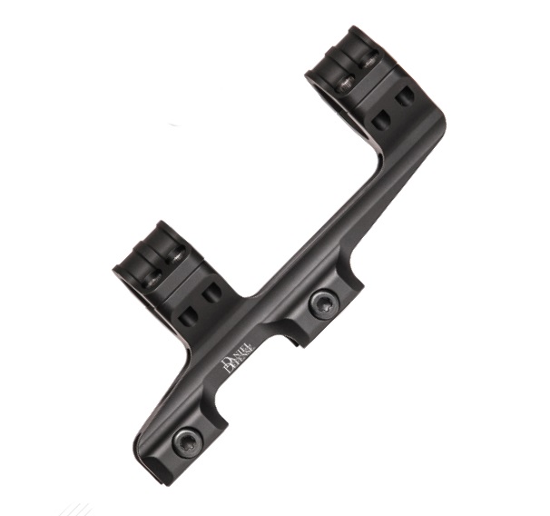 Black Daniel Defense Rock and Lock 1 inch optic mount with two scope rings on white background