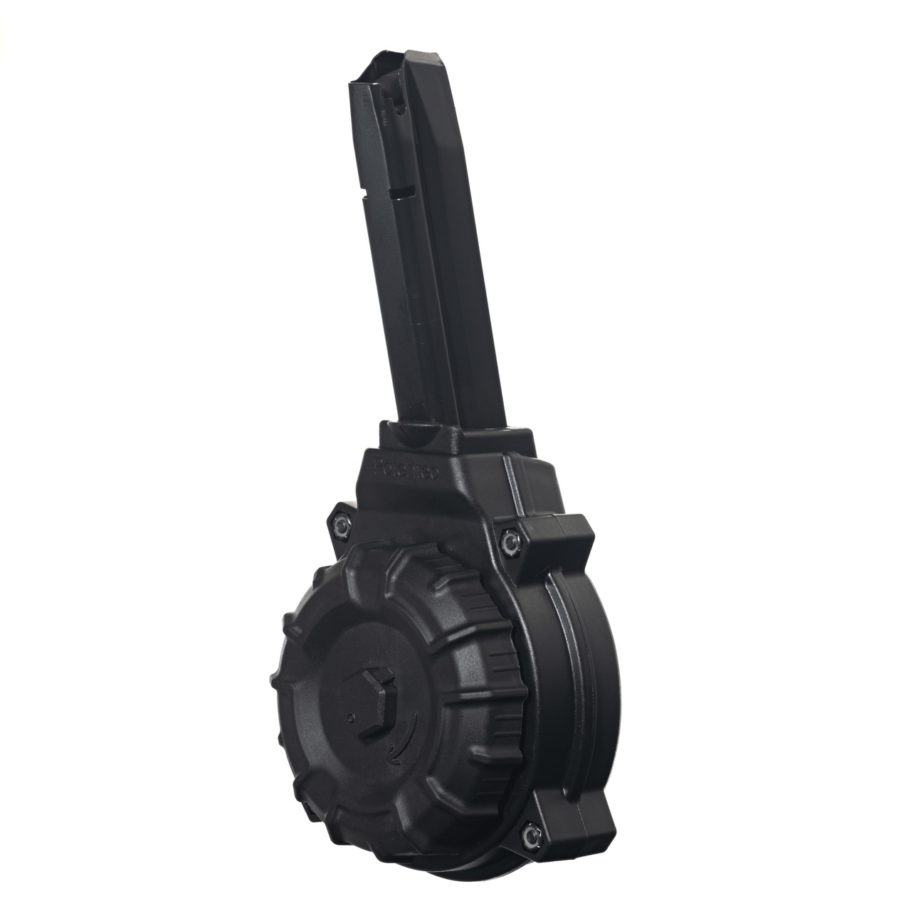 Black polymer ProMag 50-round drum magazine on a white background