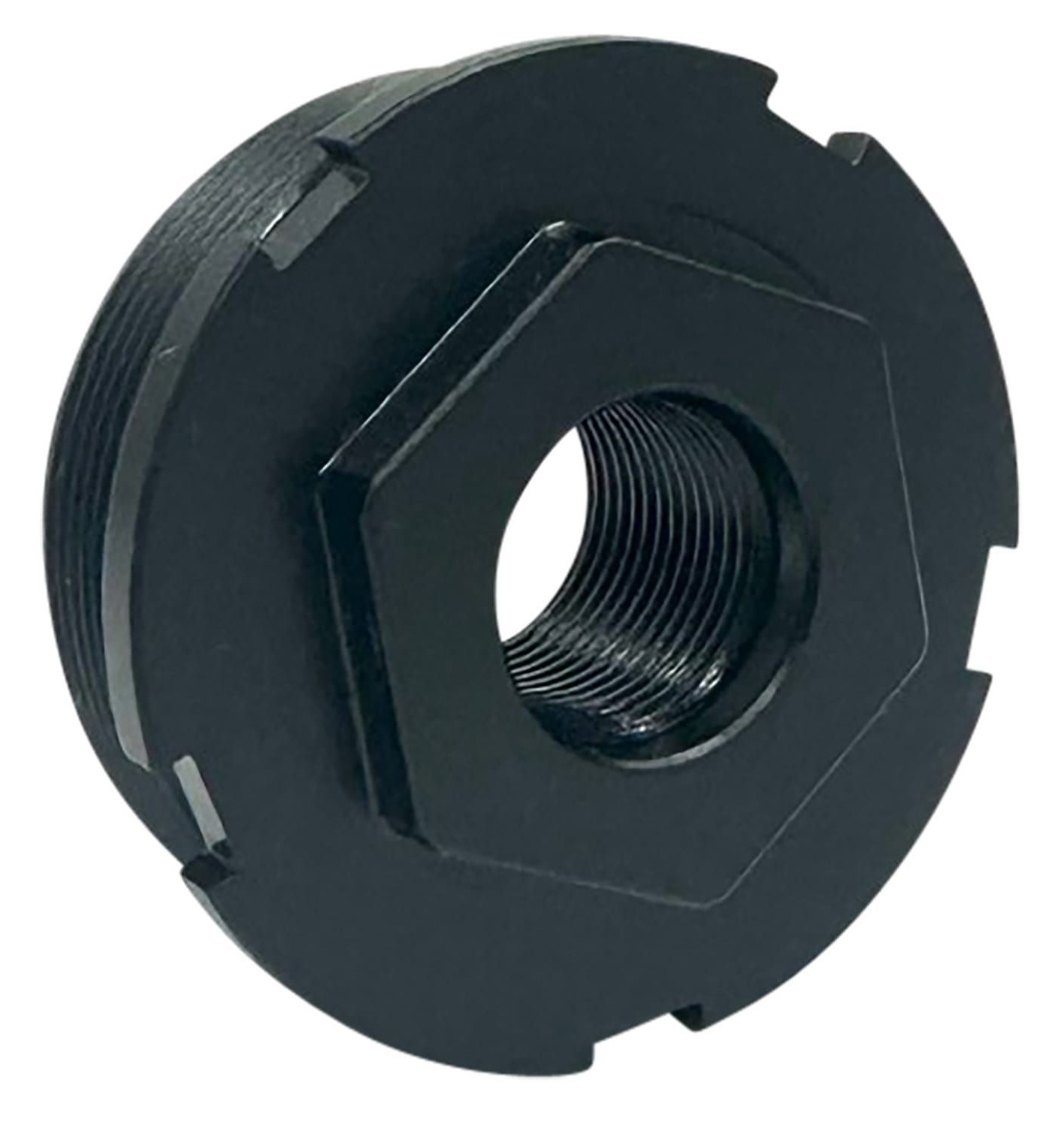 Black HUXWRX direct thread adapter with internal threads and hex flange