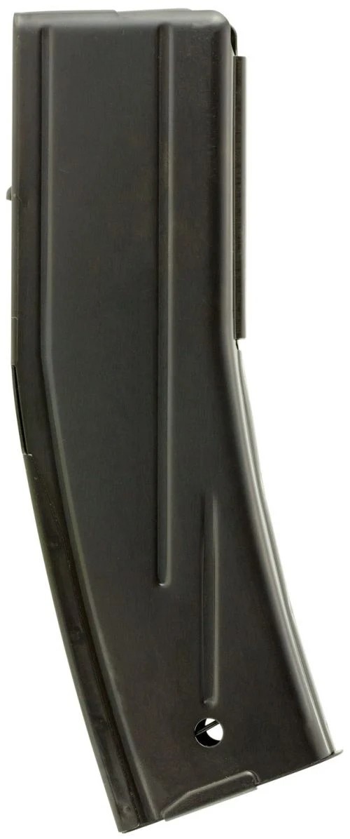 Inland M1 Carbine 30-round magazine with dark parkerized steel body, side view