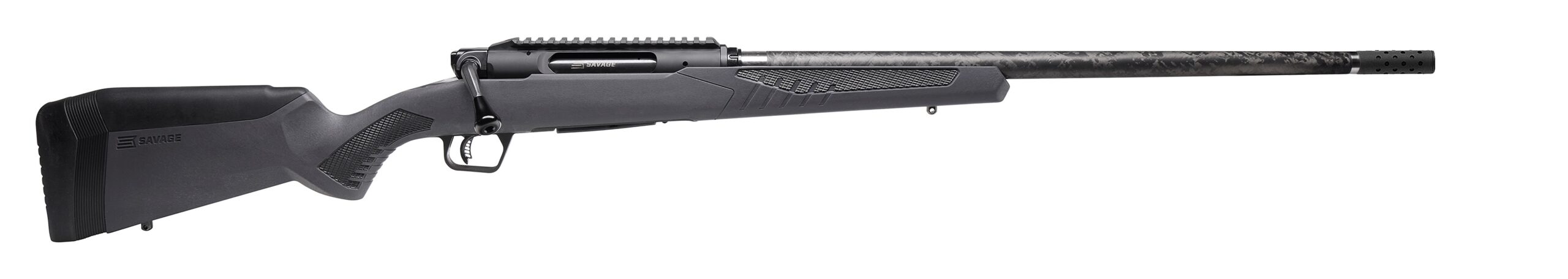 Savage Impulse Mountain Hunter bolt-action rifle with gray AccuStock and carbon fiber barrel