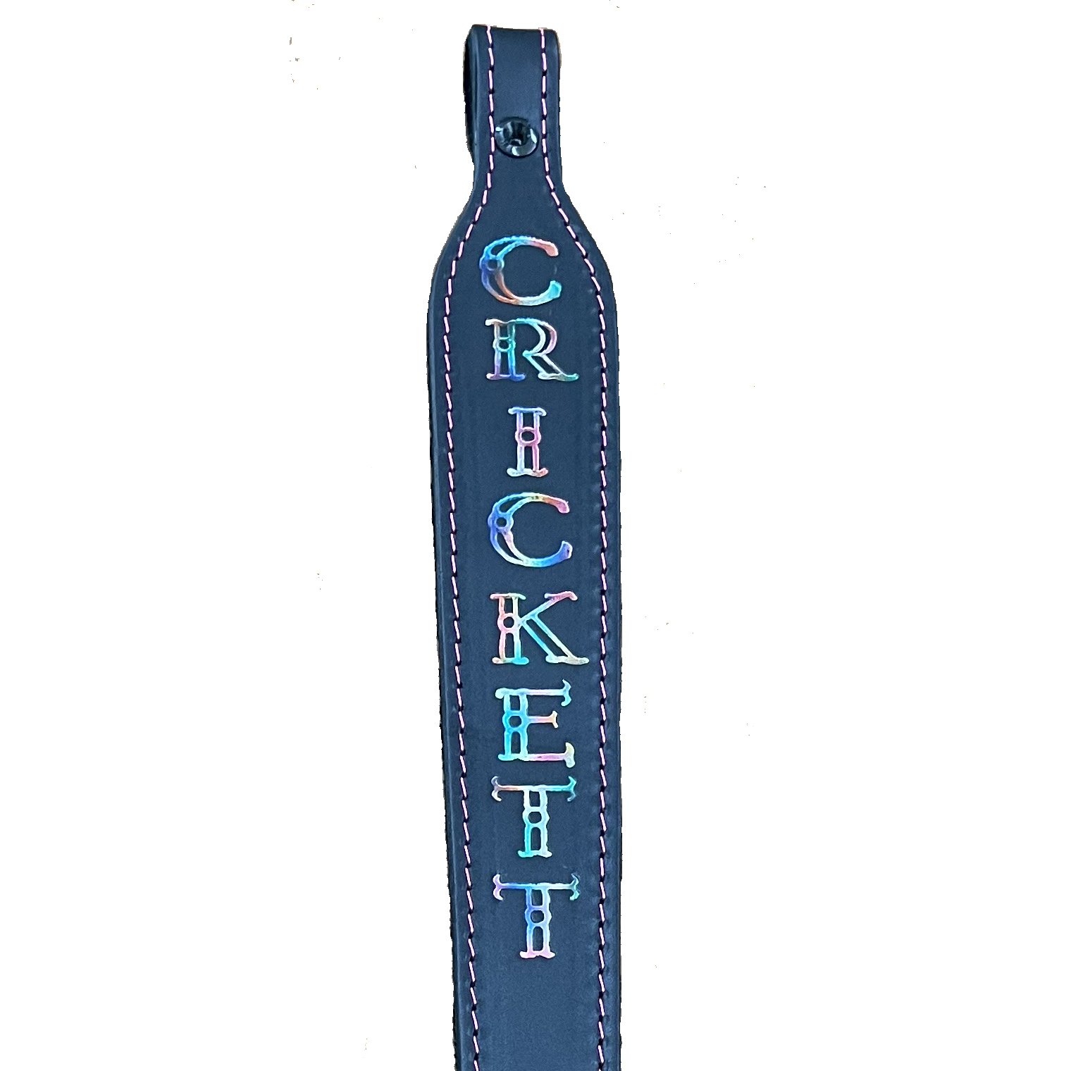 Pink leather Crickett rifle sling with CRICKETT name in holographic foil and pink stitching
