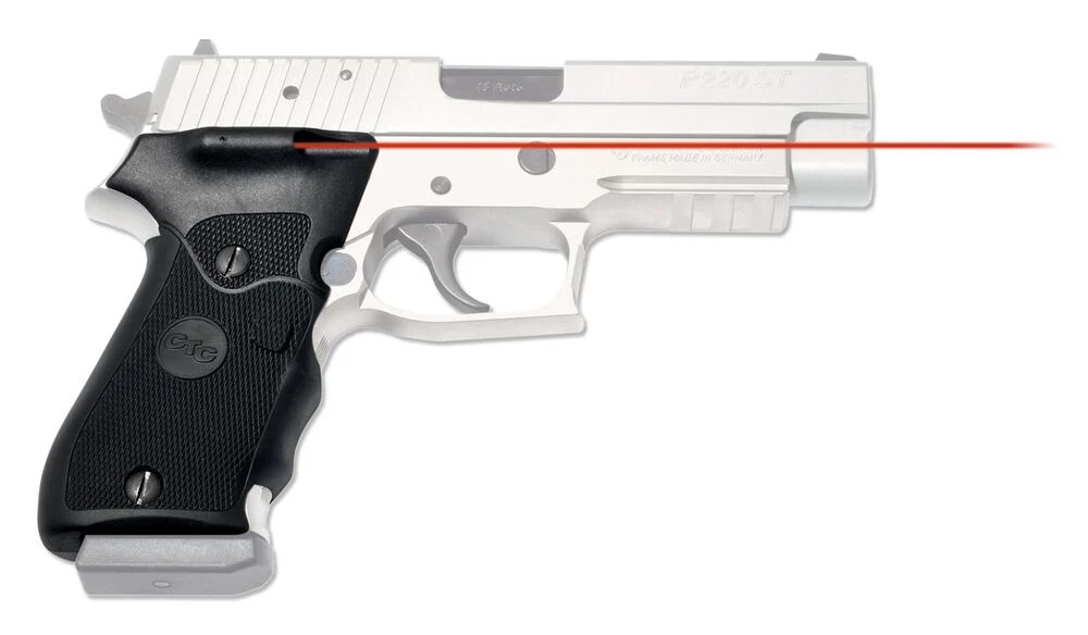 Black Crimson Trace laser grip with red laser beam on a SIG P220 pistol
