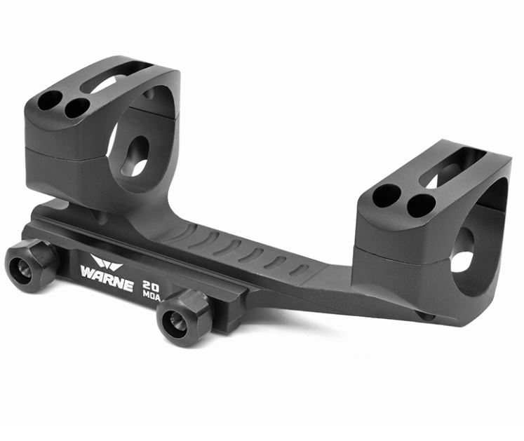 Warne MSR long range scope mount in black with 20 MOA marking and two-piece ring caps