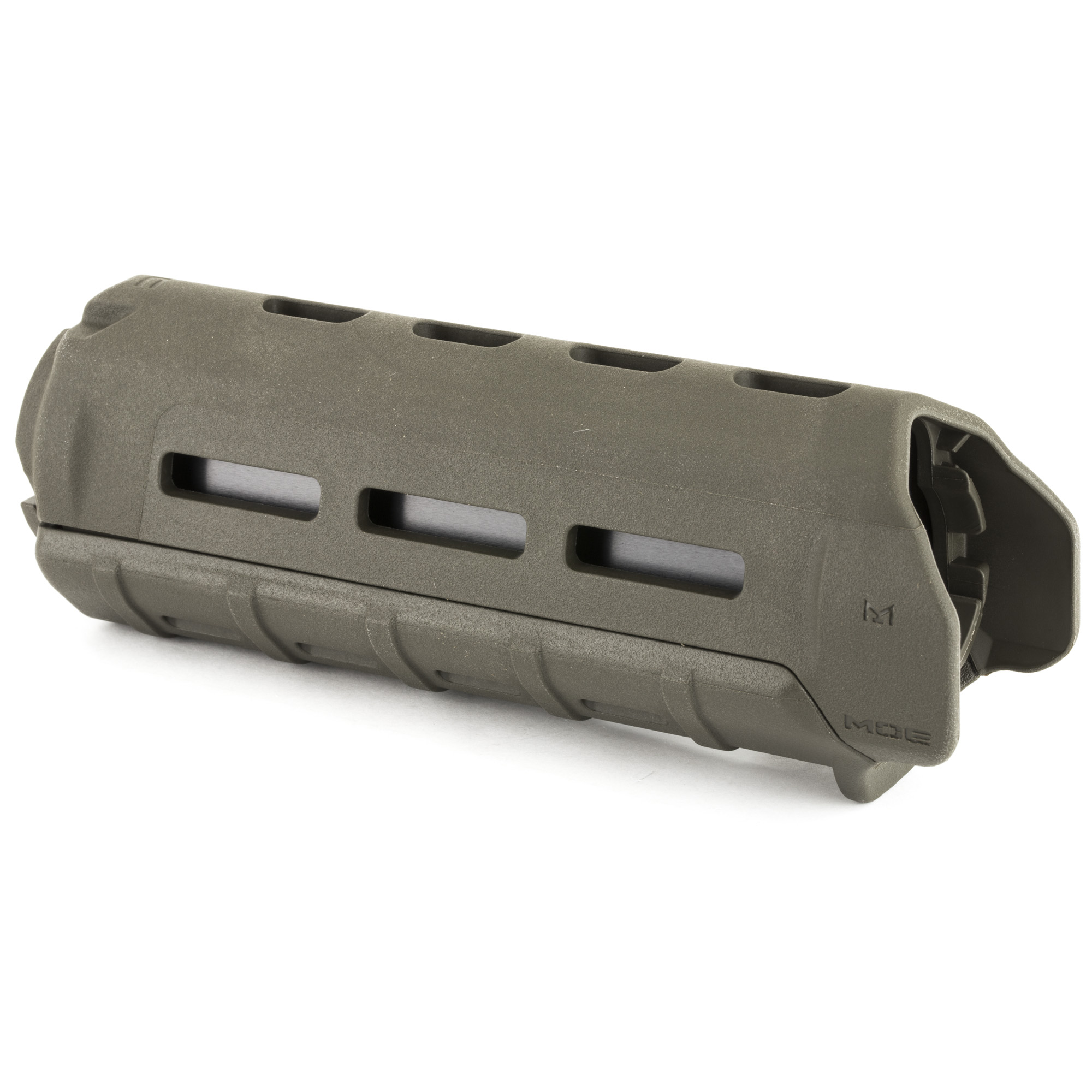 Magpul MOE M-LOK carbine handguard in olive drab green, angled view