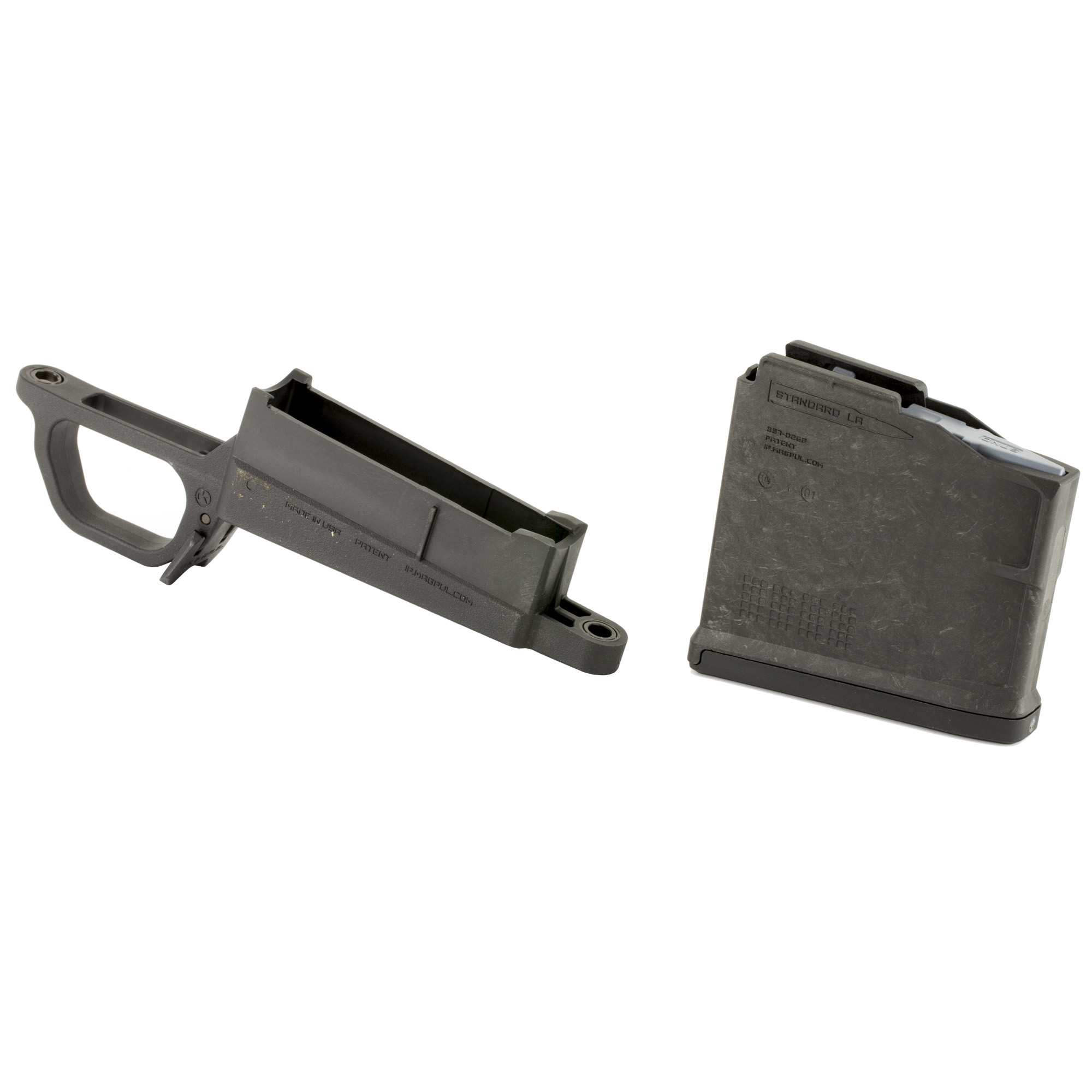 Black Magpul Hunter 700L bolt action magazine well beside a PMAG 5 AC L magazine