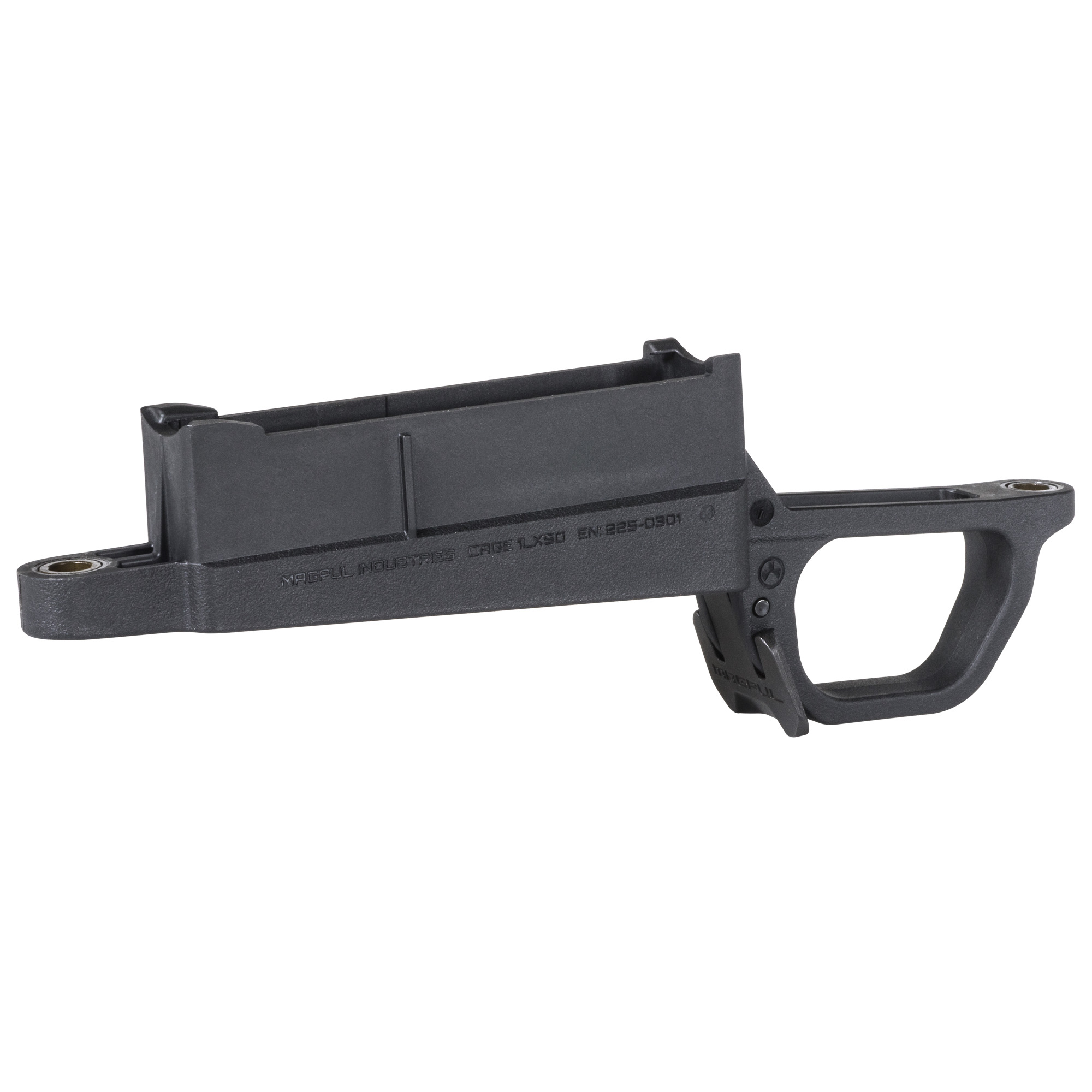 Black Magpul bolt action magazine well with AICS pattern magazine well, shown from the side