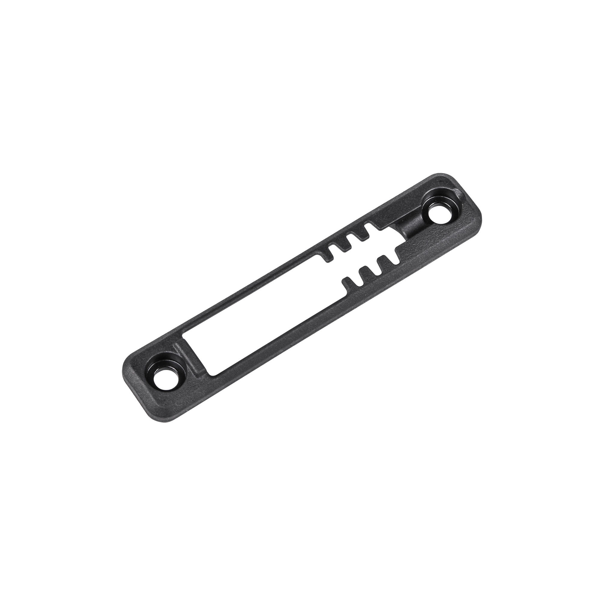 Black Magpul M-LOK tape switch mount, flat plate with two screw holes and a slotted center