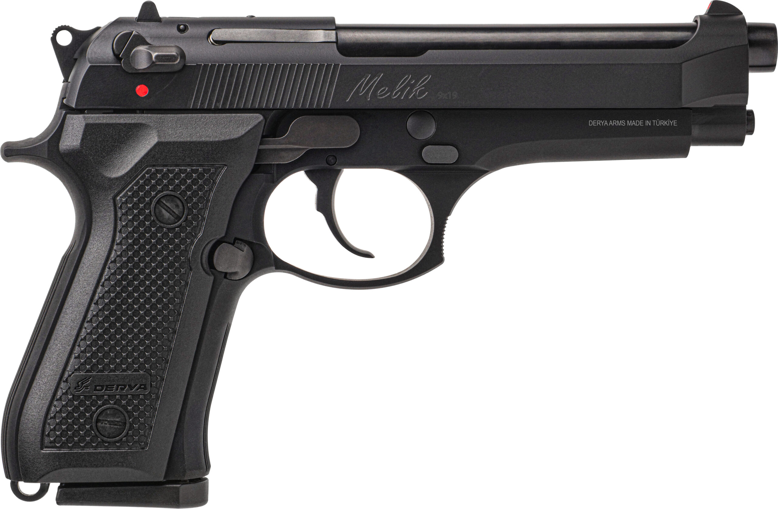Derya Arms MK9 9mm black semi-auto pistol, right side view with black polymer grips