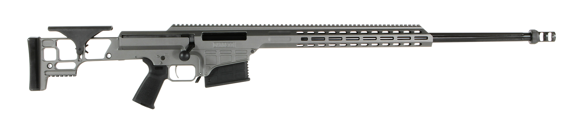 Barrett MRAD bolt-action rifle with gray tungsten chassis, black barrel and muzzle brake