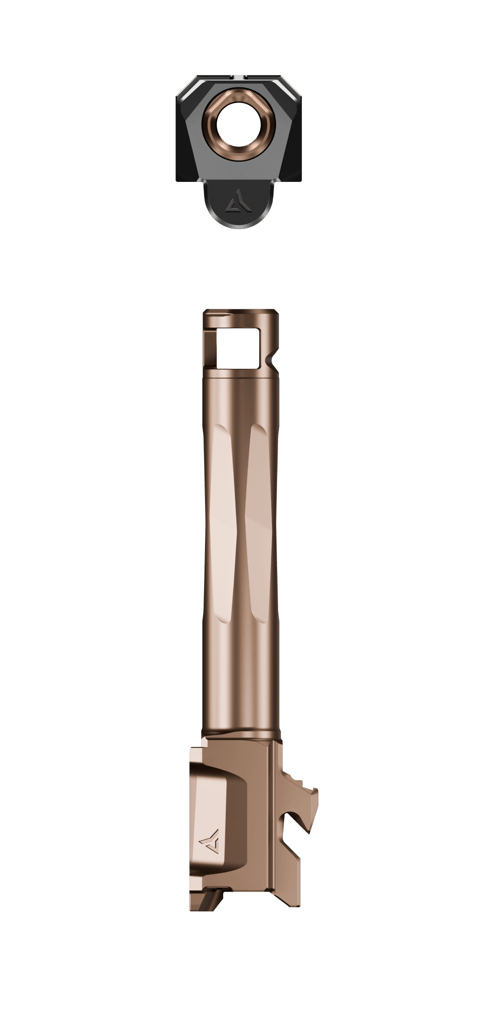 Bronze Radian Afterburner and Ramjet barrel with compensator and black top mount, shown separately on white