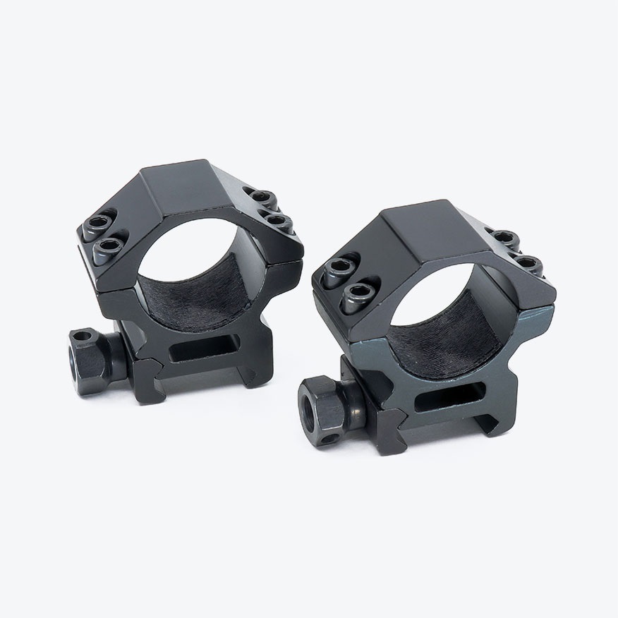 Pair of black matte medium-height 34mm scope rings with hex-style caps and side clamp screws