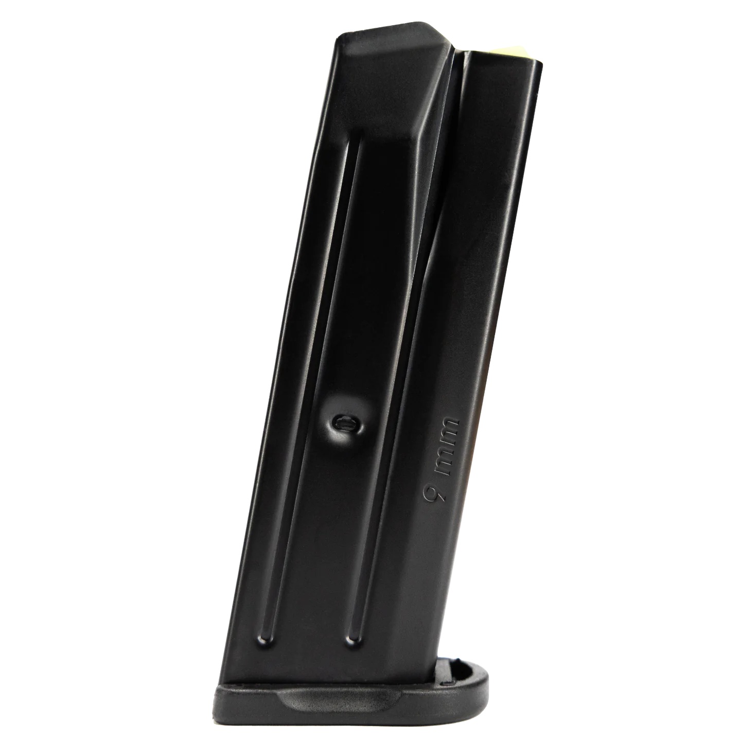 Black Rost Martin RM1C 9mm magazine, side view with base plate