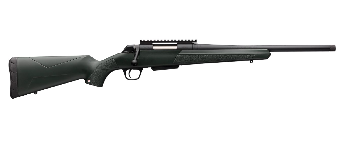 Winchester XPR Stealth bolt-action rifle with green synthetic stock and dark blued threaded barrel
