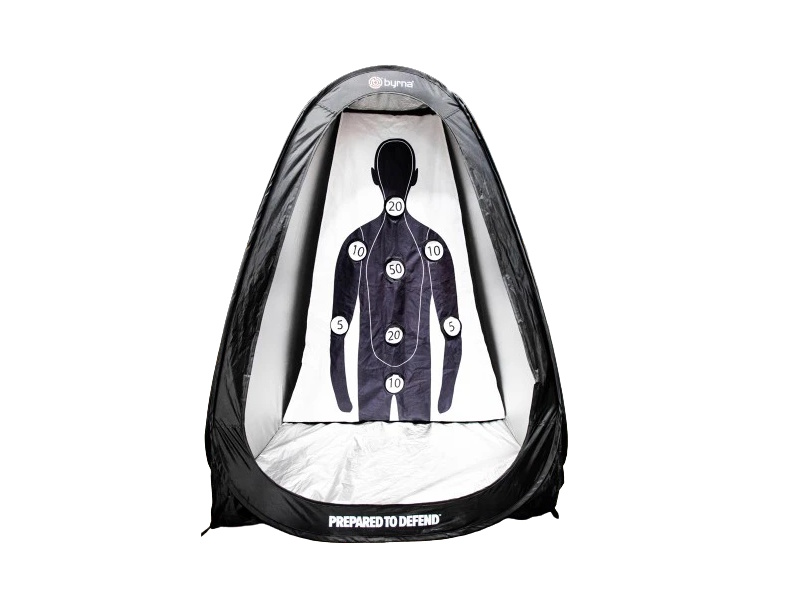 Byrna pop-open life-size target trap with black tent and printed human silhouette target with scoring rings