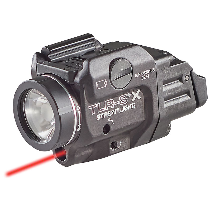 Streamlight TLR-8 X black rail-mounted light with red laser beam projecting from the front