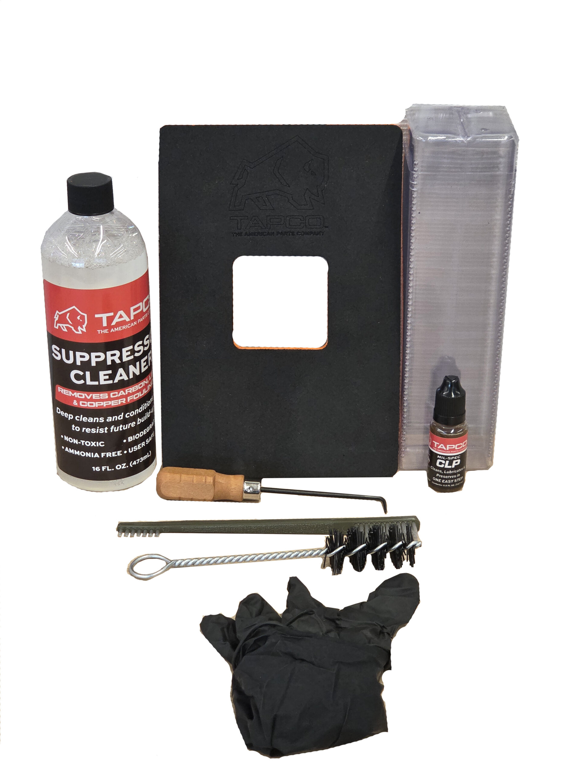 Tapco suppressor cleaning kit with cleaner bottle, brushes, pick tool, gloves, work mat and lubricant