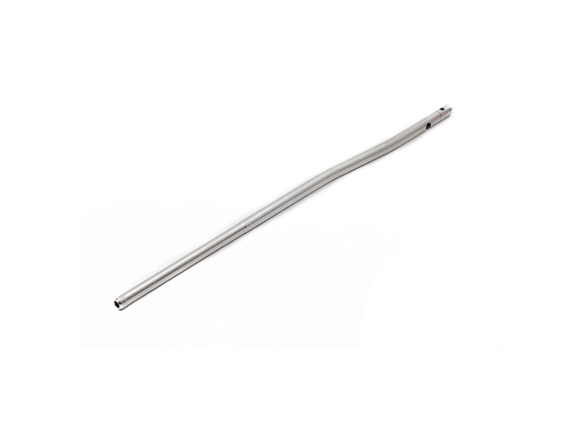 Stainless steel pistol length gas tube on a white background