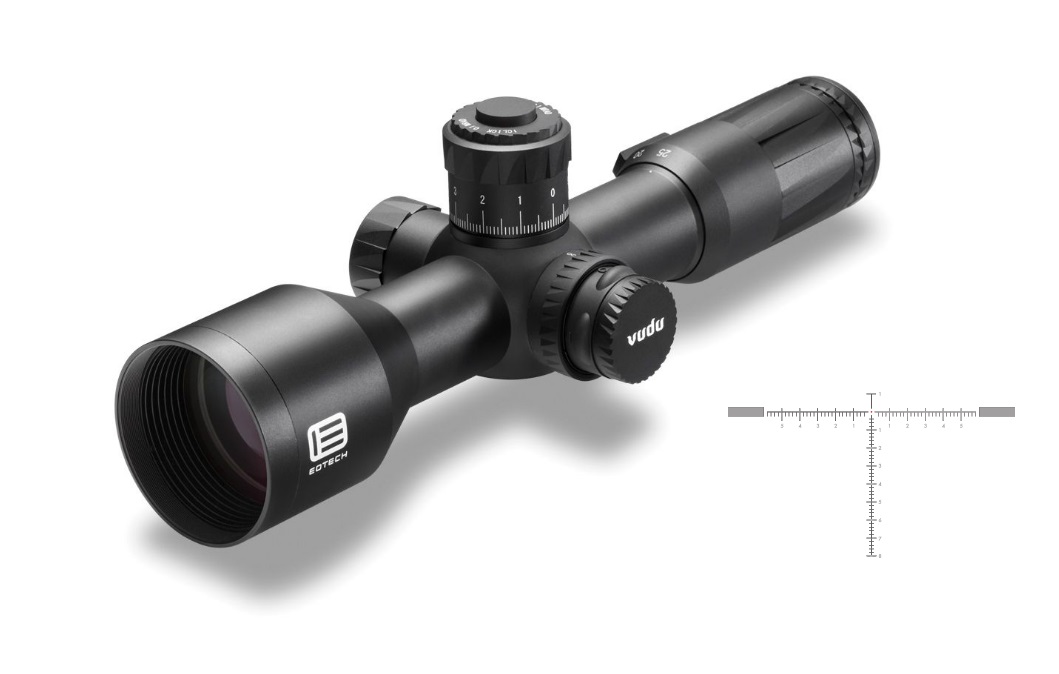 EOTech Vudu 5-25x50 black riflescope with illuminated turret and MOA reticle diagram