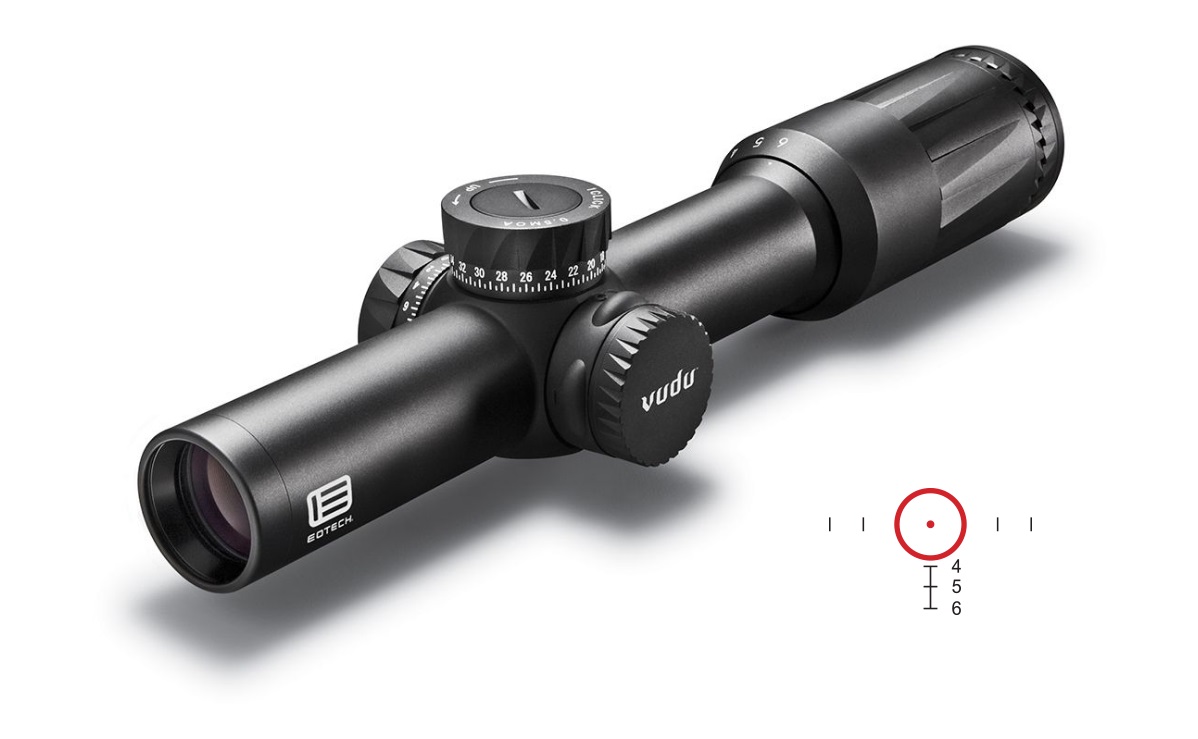 EOTech Vudu 1-6x24 riflescope in black with turret knobs and reticle diagram