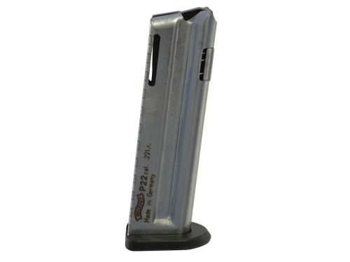 Stainless Walther P22 10-round magazine with black base plate, side view