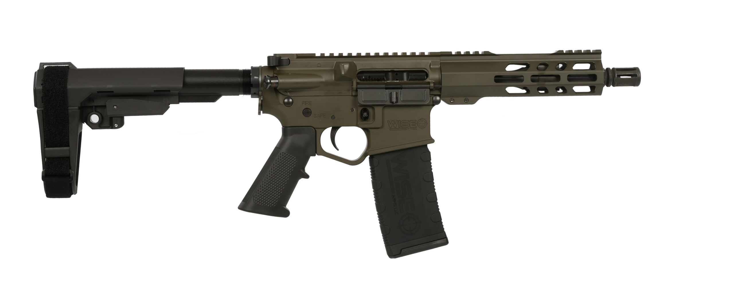 Wise Arms WA-15B AR-pattern pistol with olive drab green finish, SBA3 brace and M-LOK handguard